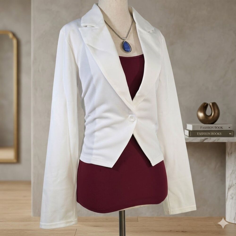 Stretch Single Button Double Lapel Ivory White Blazer Size Small